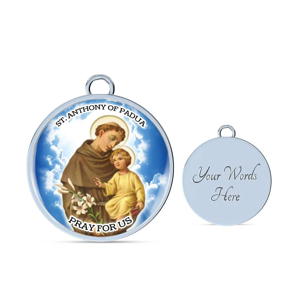 Catholic St. Anthony Personalized Engraved Silver Circle Bangle Bracelet Custom